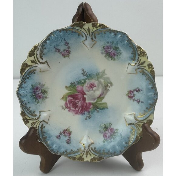 Vintage RS PRUSSIA Red Mark Porcelain 6" Cake Plate Blue Gold Pink ROSES EUC - Picture 1 of 11